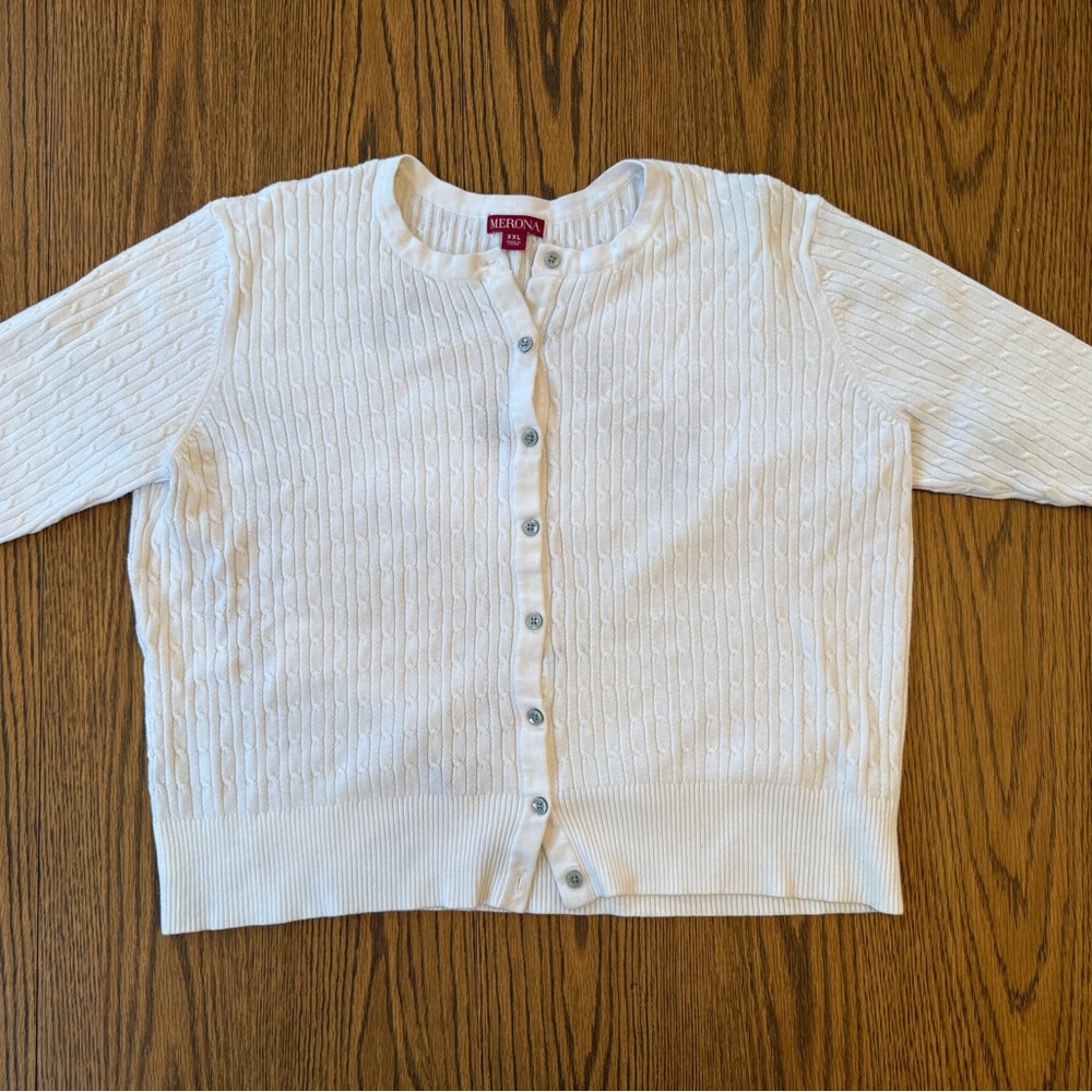 Merona White Cable Knit Button Down 3/4 Sleeve Cotton Cardigan